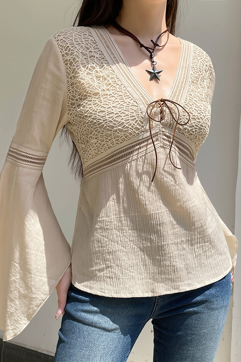Lace Knit Flare Sleeve Ethnic Blouse