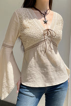 Lace Knit Flare Sleeve Ethnic Blouse