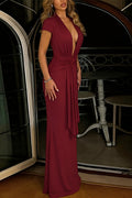 Chic Solid Deep V Short Sleeve Tie Waist Slim Maxi Dress