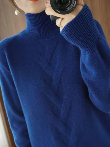 Casual Loose Long Sleeves Solid Color High-Neck Sweater Tops