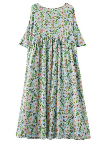 Vestido de verano bohemio verde claro con cuello redondo y estampado de patchwork, media manga 