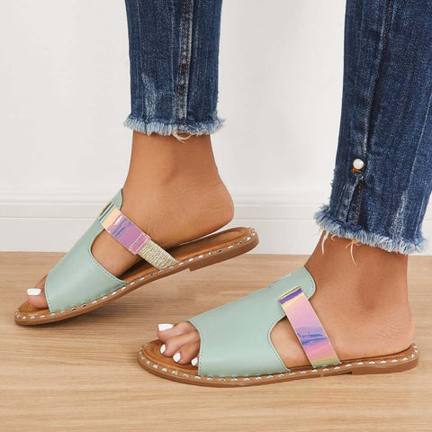 Bunte, offene Zehenpartie zum Hineinschlüpfen, flache Hausschuhe, Slide-Sandalen 