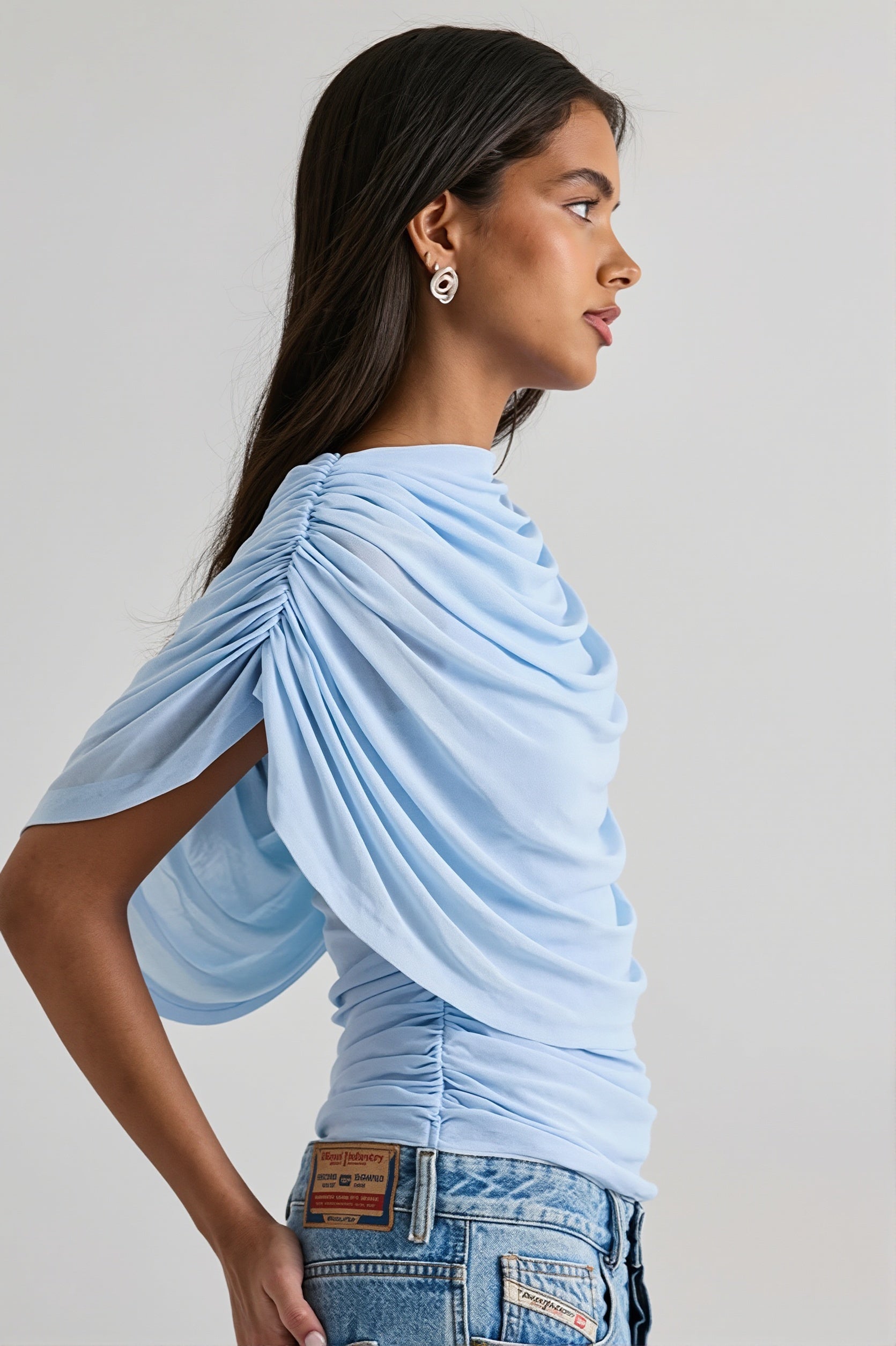 Solid Sheer Ruffle Scarf Neck Blouse