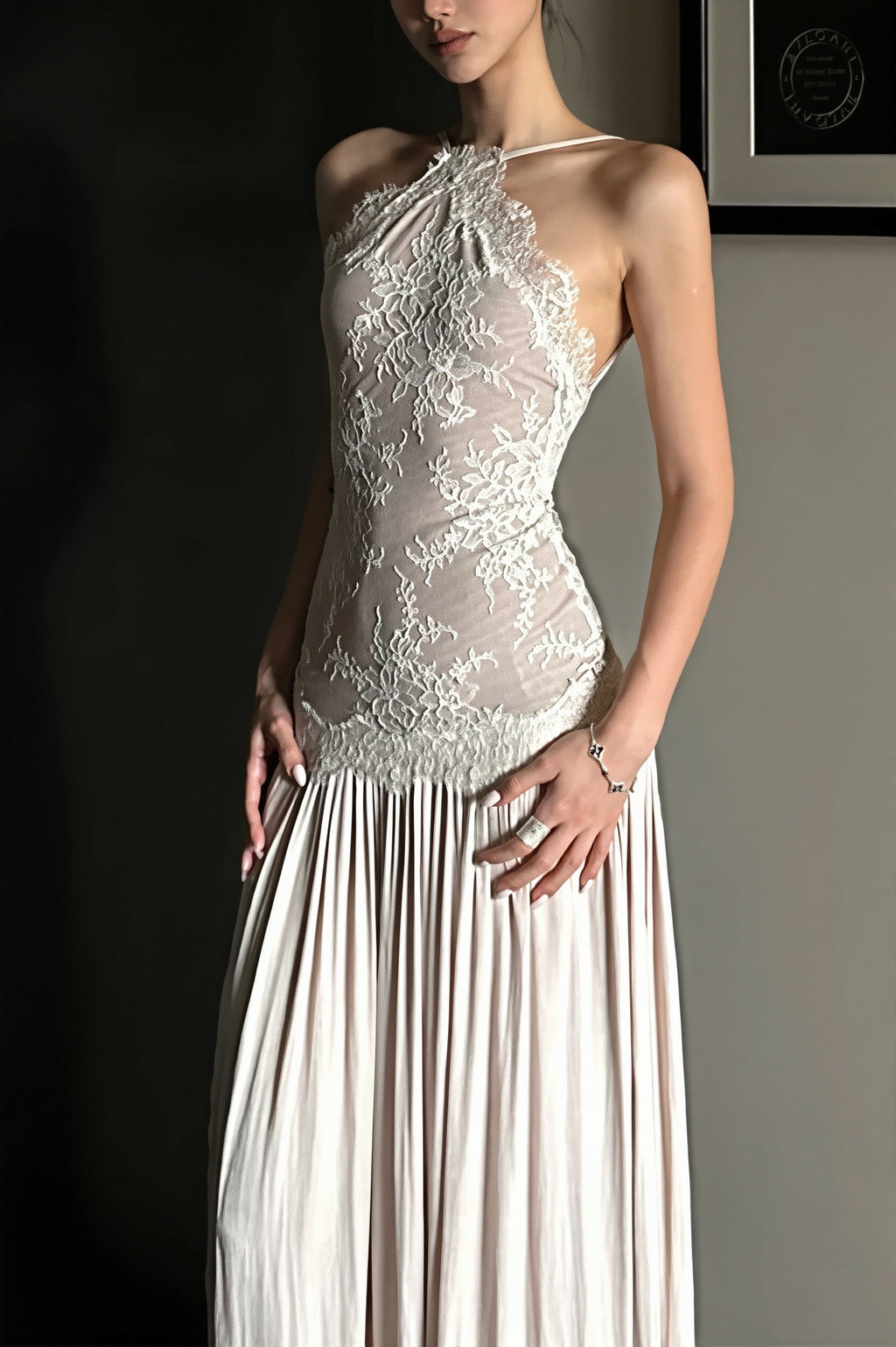 Lace Splice Cami Backless Swing Maxi Dress