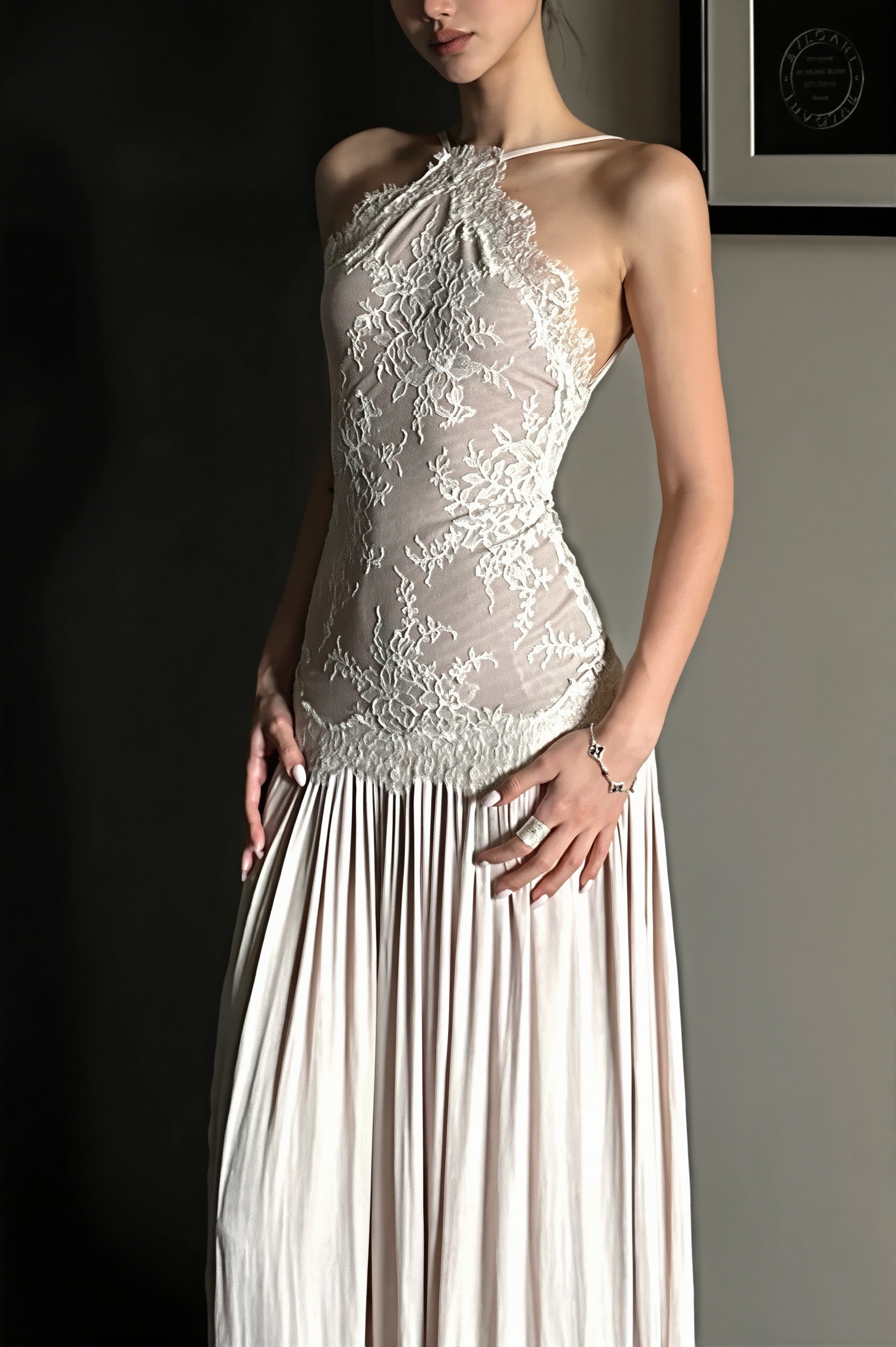 Lace Splice Cami Backless Swing Maxi Dress
