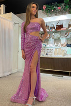 Meerjungfrauen-Abendkleid mit One-Shoulder-Schnitt, lila Pailletten und Cut-Outs