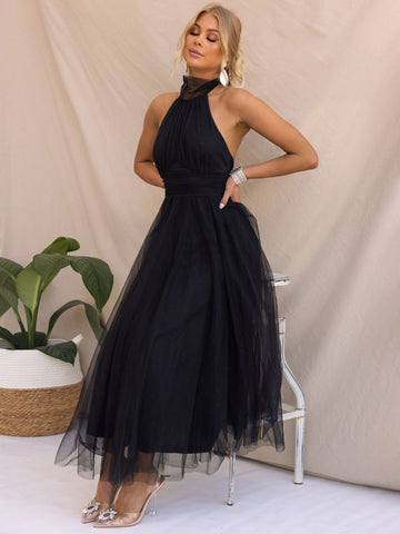 Vestido midi de tul con cuello halter, plisado, cintura imperio, espalda abierta, elegante vestido de fiesta 