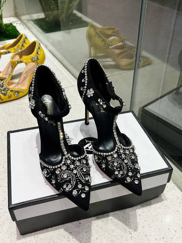 Diamantspitze High Heel-Sandalen für Damen im neuen Design 2024 mit sexy schmalen Absätzen und flachen Schnallenriemen für Damenschuhe 
