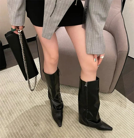 Designer Frühling Damen Rohrstiefel Mode Seitliche Reißverschlüsse Damen Elegant Dicker Absatz Lange Booties Damen Kniehohe Booties 