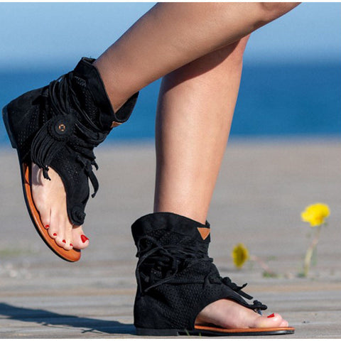 Women Retro Clip Toe Sandals Ladies Gladiator Vintage Boots Casual Tassel Rome Summer Beach Woman Shoes Female New