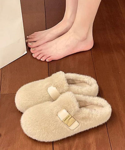 Stilvolle Beige Fuzzy Pelz Hausschuhe Schuhe Spleißen 