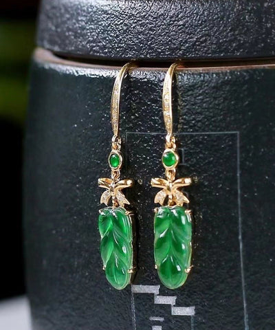 New Green Sterling Silver Overgild Jade Lea Drop Earrings