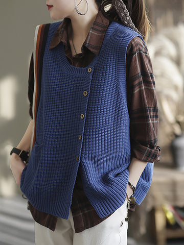 Plus Size Women Spring Knitted Button Sleeveless Vest Waistcoat Sweater