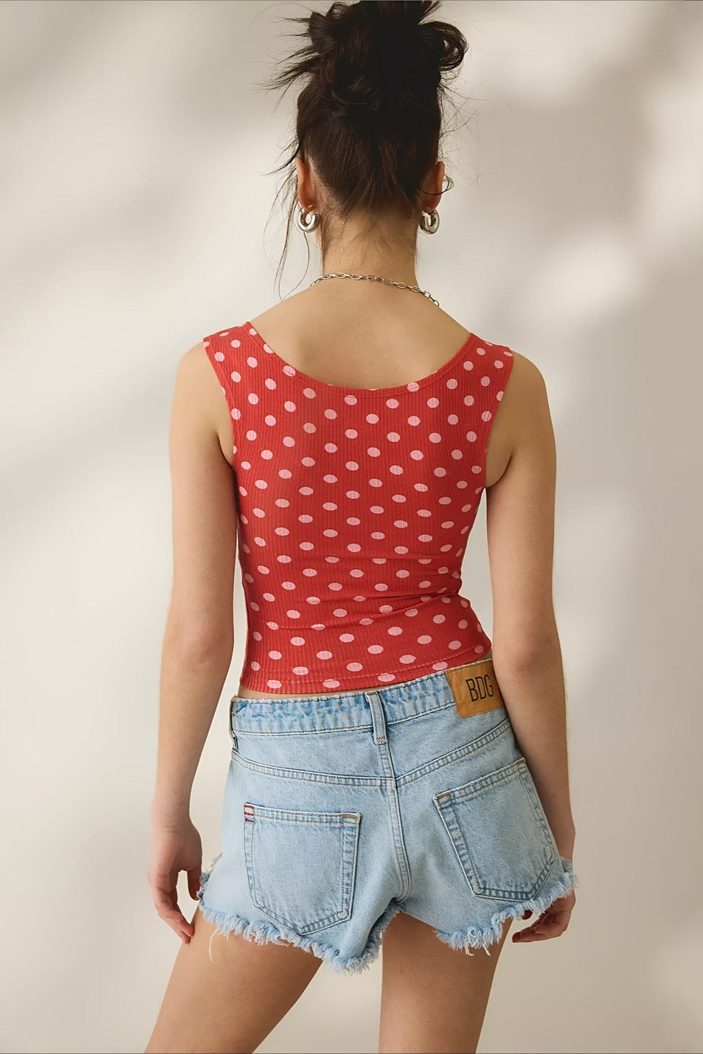 Vintage Dot Ribbed Square Neck Fitted Tank Top