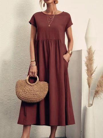 Vestidos midi holgados de manga corta, plisados, de color liso y cuello redondo 
