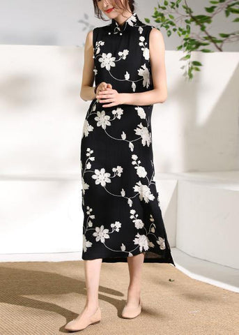 Beautiful black print cotton clothes stand collar side open cotton robes Dresses