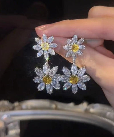 Pendientes colgantes florales de circonita y cristal de aleación blanca para mujer 