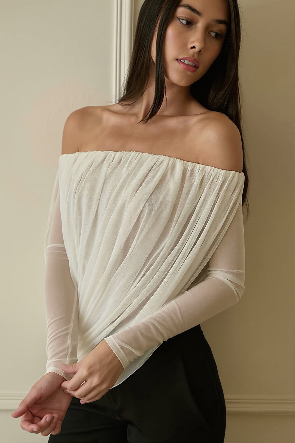 Off Shoulder Long Sleeve Ruched Strapless Sexy Blouse