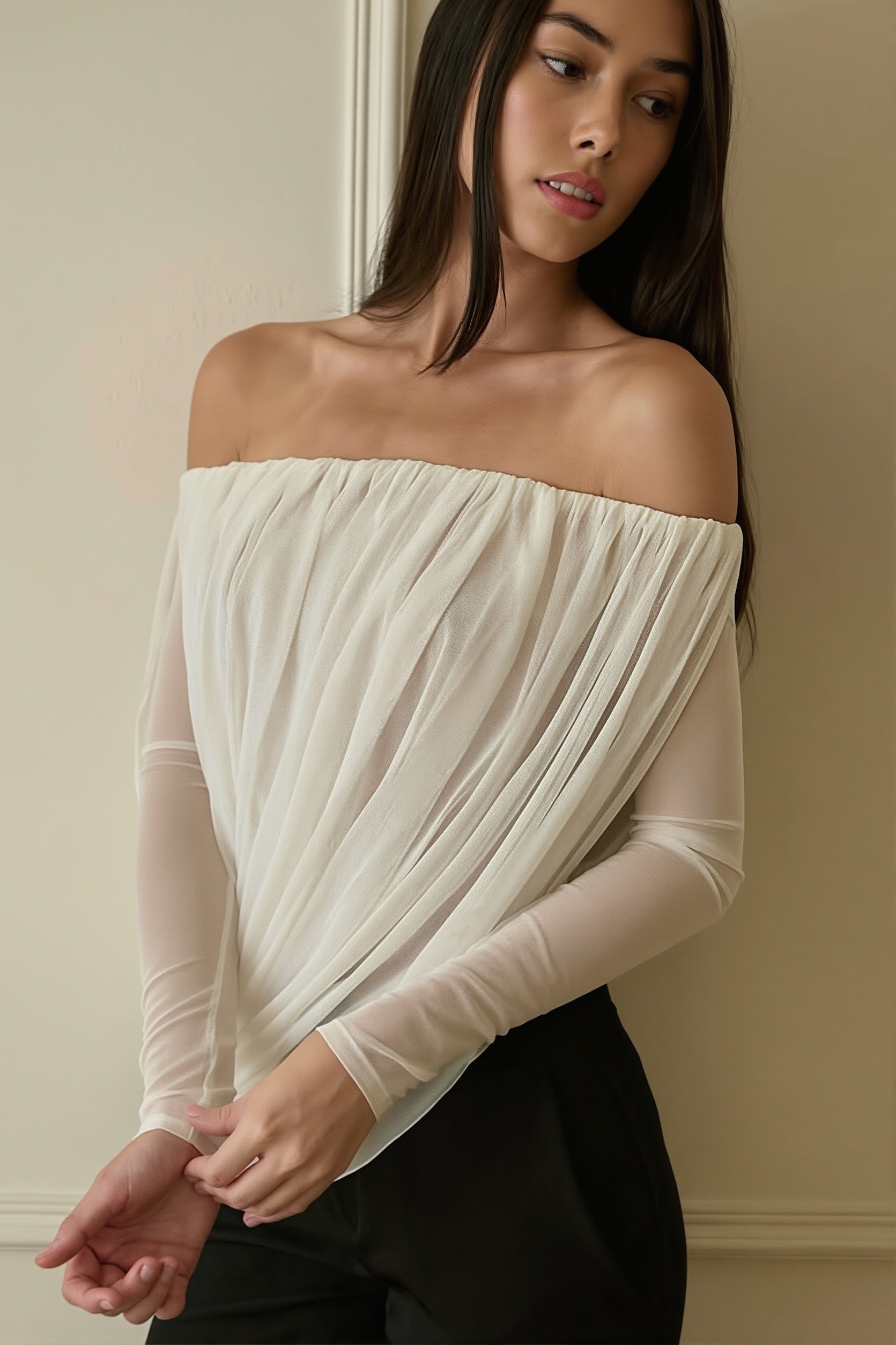 Off Shoulder Long Sleeve Ruched Strapless Sexy Blouse
