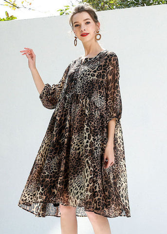 Coffee Leopard Print Chiffon Beach Dresses O-Neck Rivet Summer
