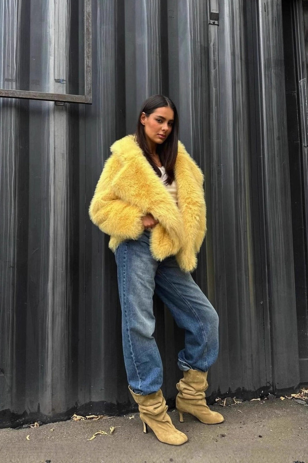 Yellow Faux Fur Open Front Coat