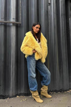 Yellow Faux Fur Open Front Coat