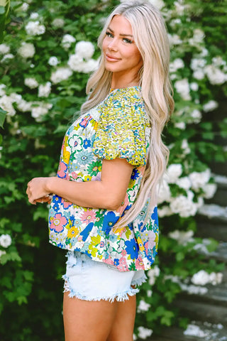 fresh green floral bubble sleeve blouse