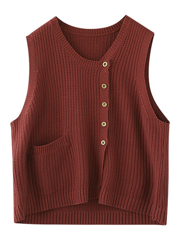 Plus Size Women Spring Knitted Button Sleeveless Vest Waistcoat Sweater