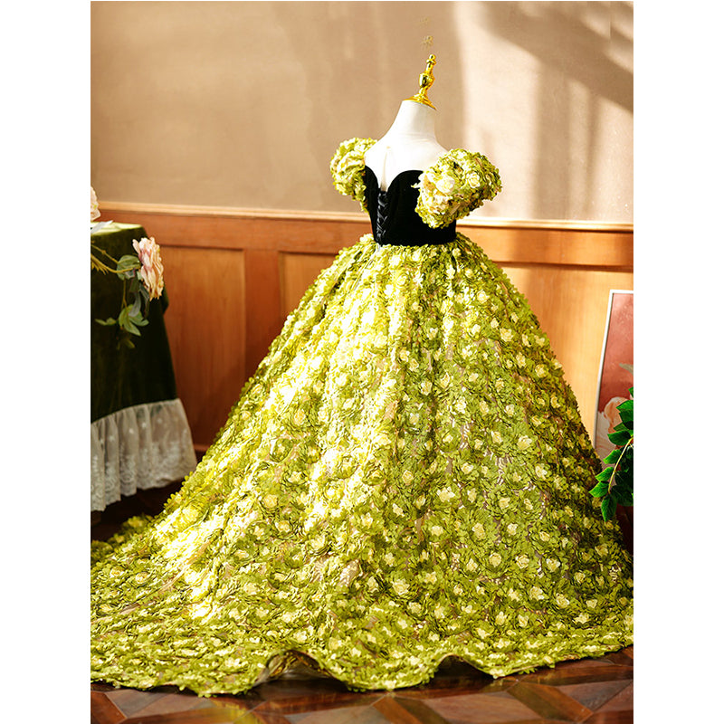 Vestido de niña de las flores con contraste de color verde floral, mangas abullonadas, vestido de comunión princesa con cola 