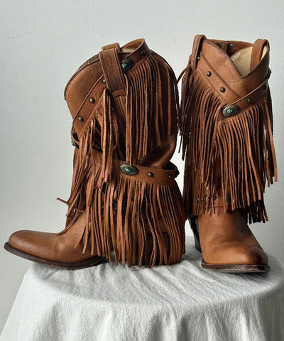Boho Splicing Chunky Cowgirl Stiefel Quaste Rindsleder 