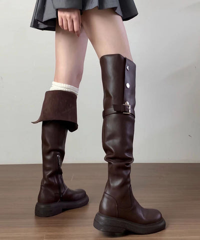 Neue vielseitige braune Kniestiefel aus Kunstleder mit Spleiß 