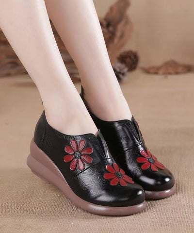 Vintage Braun Rindsleder Keilabsatz Schuhe Spleißen Floral 