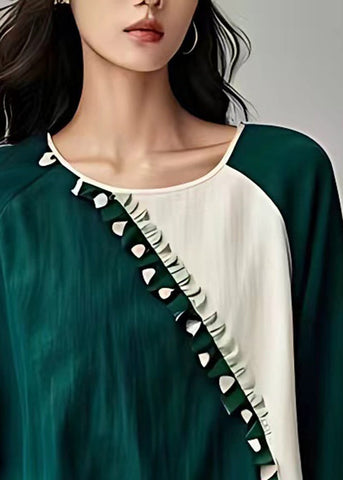 Pre sale - shipping in 30 days/New Green O-Neck Ruffled Patchwork Linen Tops Long Sleeve