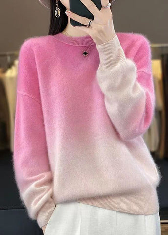 Frauen Rosa Farbverlauf O-Ausschnitt Gemütliche Pullover Langarm 