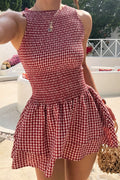 Plaid Smocked Sleeveless Flared Mini Dress