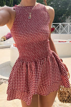 Plaid Smocked Sleeveless Flared Mini Dress