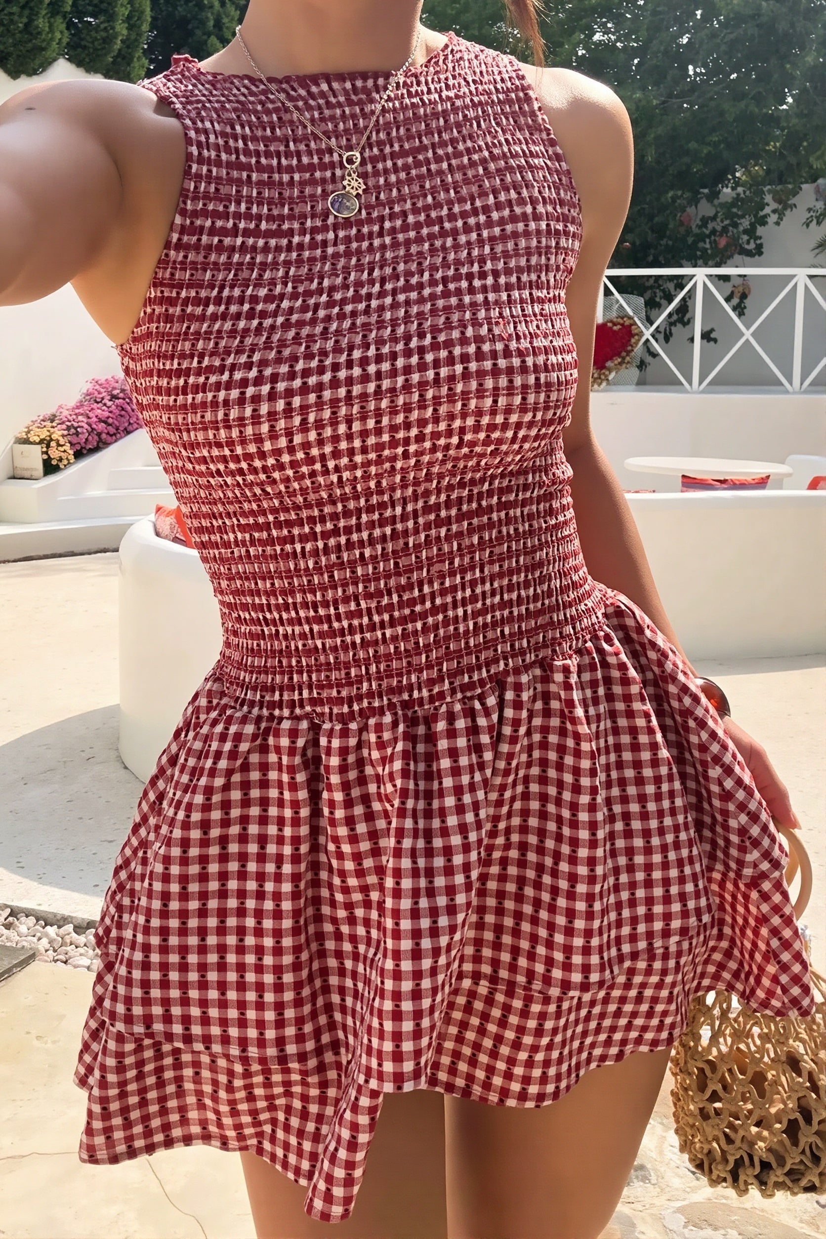Plaid Smocked Sleeveless Flared Mini Dress