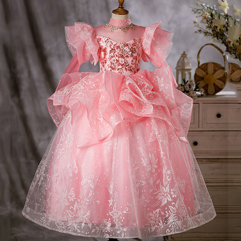 Kommunionkleid für Kleinkinder, Mädchengeburtstagsfeier, wunderschönes, flauschiges, langes Festkleid in Rosa 