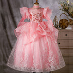 Kommunionkleid für Kleinkinder, Mädchengeburtstagsfeier, wunderschönes, flauschiges, langes Festkleid in Rosa 