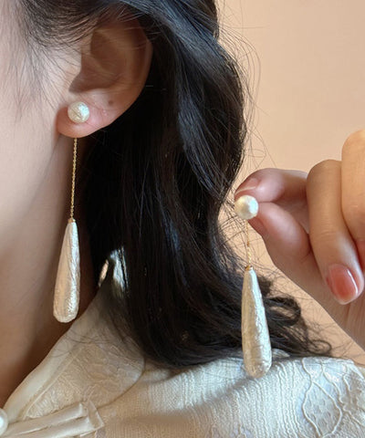 Classy White Alloy Pearl Water Drop Tassel Drop Earrings