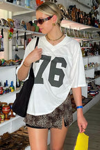 Casual Loose Number Print Off Shoulder Crew T-shirt
