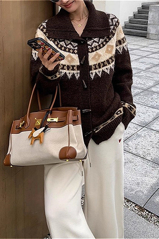 Jacquard Collar Horn Button Retro Loose Knit Cardigan