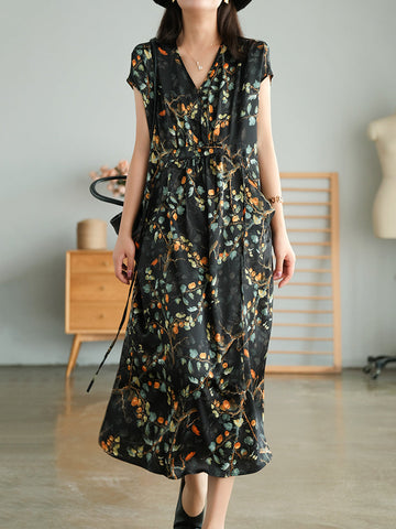 Women Vintage Floral Drawstring V-Neck Loose Dress
