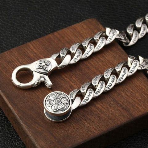 Sterling Silver Six Character Truth Vajra Pestle Curb Chain Bracelet