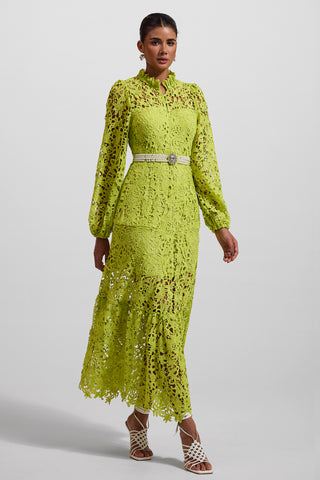 Vestido midi de manga larga con bordado de encaje verde 