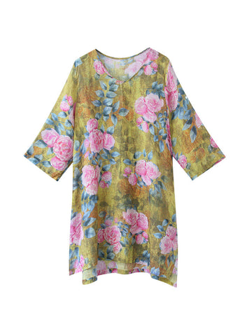 Bio-Leinenoberteil mit Rundhalsausschnitt und Armbandärmeln in Gelb 