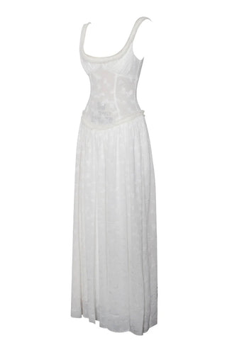 Vestido largo Ulissa verde claro con escote cuadrado, textura jacquard y abertura alta 