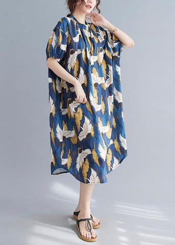 Loose Blue Print Cotton O-Neck Loose Summer Mid Dress