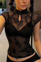 Hollow Out Stand Collar Sheer Lace Blouse