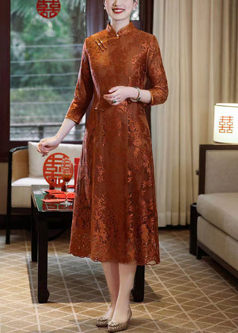 Neu Orange Stehkragen Taste Seite Offen Spitze Kleid Armband 